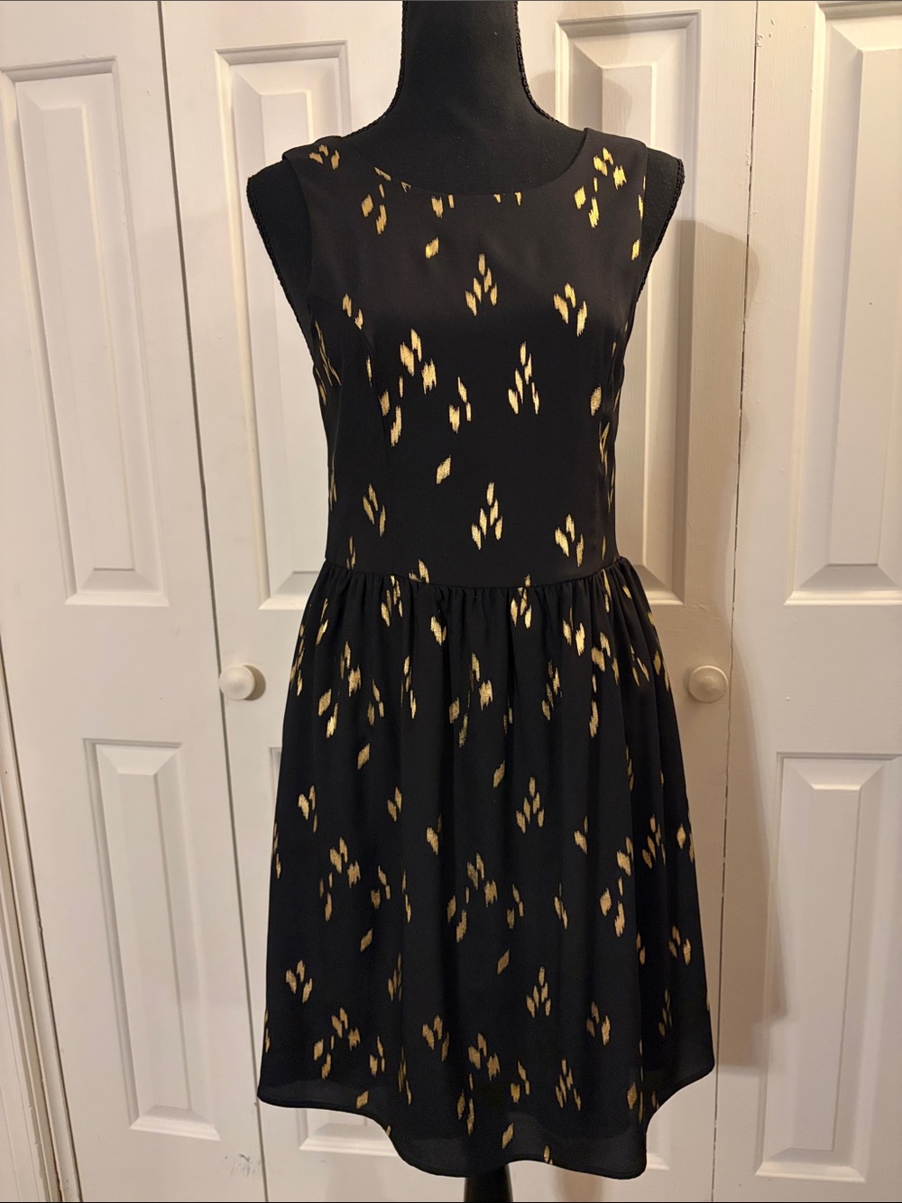 Everly Black Sleeveless Fit-and-Flare Dress with Gold Motif
